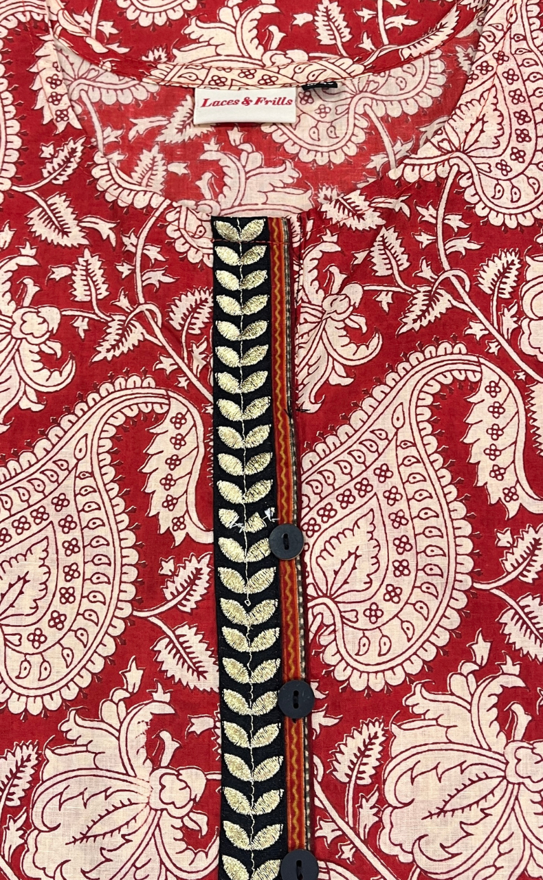 Red Leafy Jaipuri Cotton Kurti. Pure Versatile Cotton. | Laces and Frills