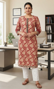 Red Leafy Jaipuri Cotton Kurti. Pure Versatile Cotton. | Laces and Frills - Laces and Frills