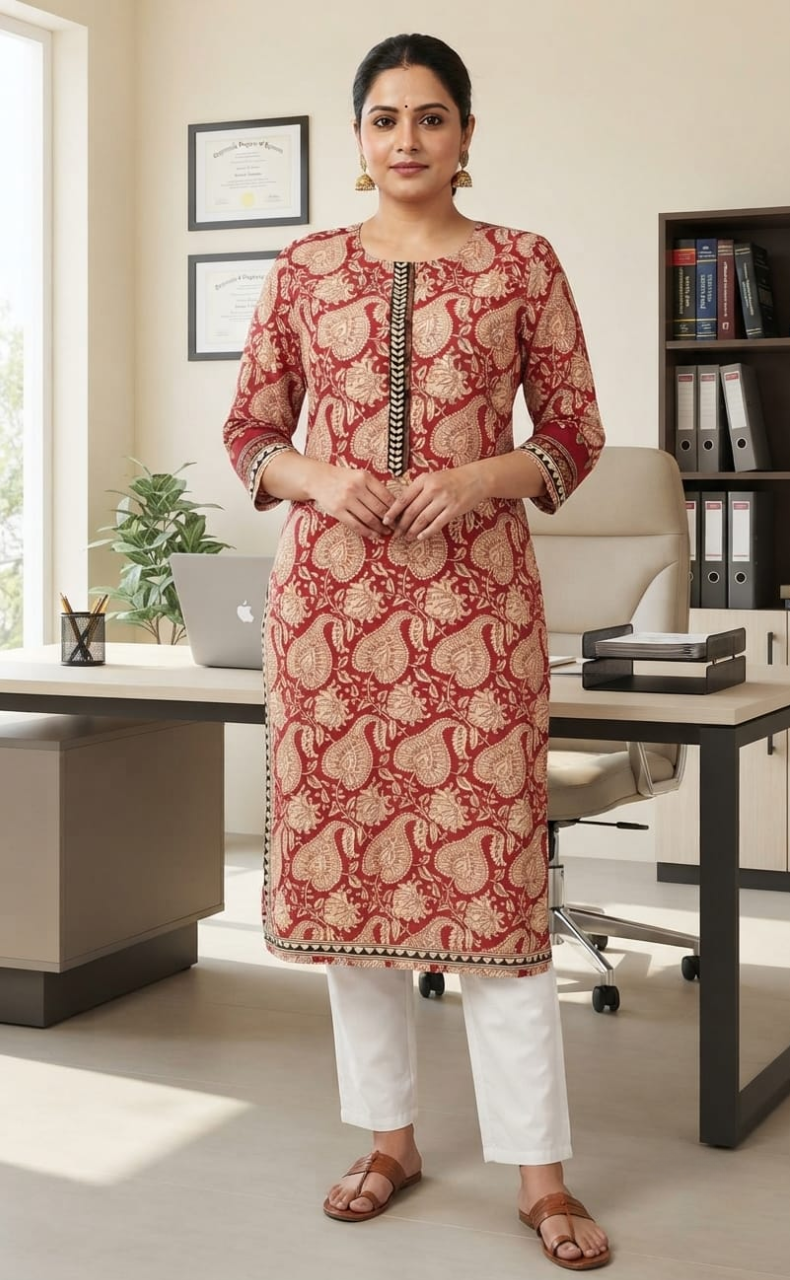 Red Leafy Jaipuri Cotton Kurti. Pure Versatile Cotton. | Laces and Frills - Laces and Frills