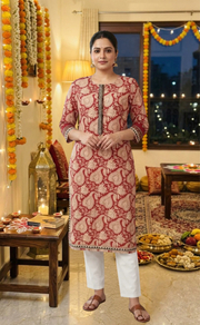 Red Leafy Jaipuri Cotton Kurti. Pure Versatile Cotton. | Laces and Frills - Laces and Frills