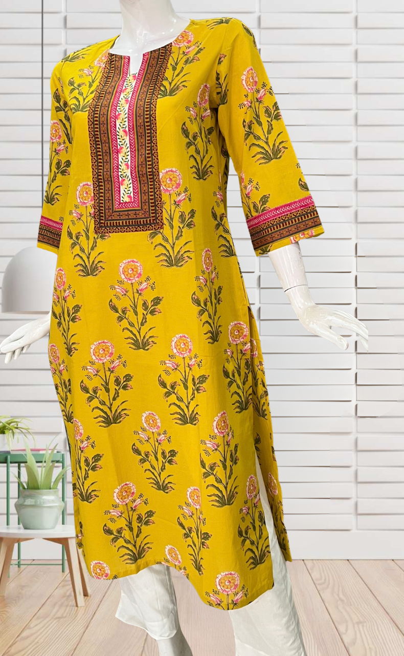 Yellow Garden Jaipuri Cotton Kurti. Pure Versatile Cotton. | Laces and Frills
