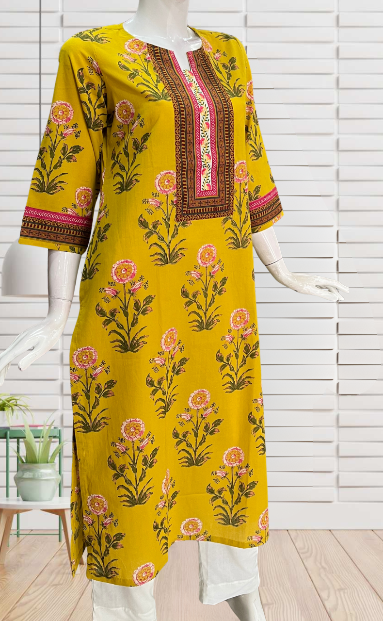 Yellow Garden Jaipuri Cotton Kurti. Pure Versatile Cotton. | Laces and Frills