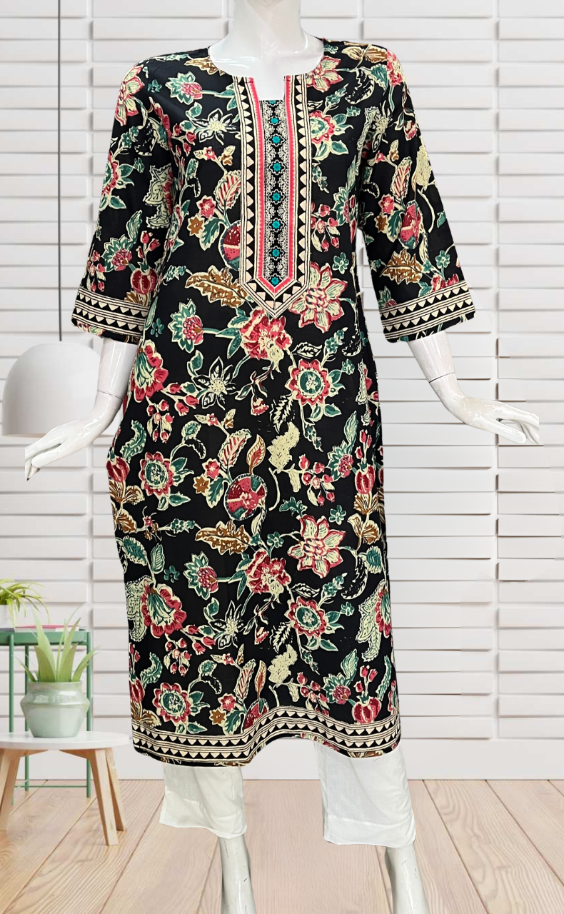 Black Garden Jaipuri Cotton Kurti. Pure Versatile Cotton. | Laces and Frills