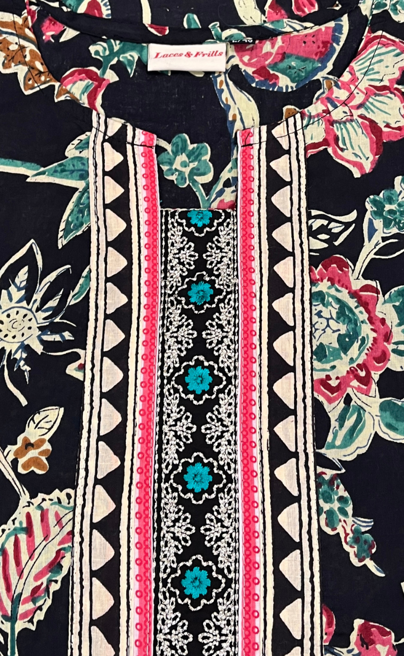 Black Garden Jaipuri Cotton Kurti. Pure Versatile Cotton. | Laces and Frills