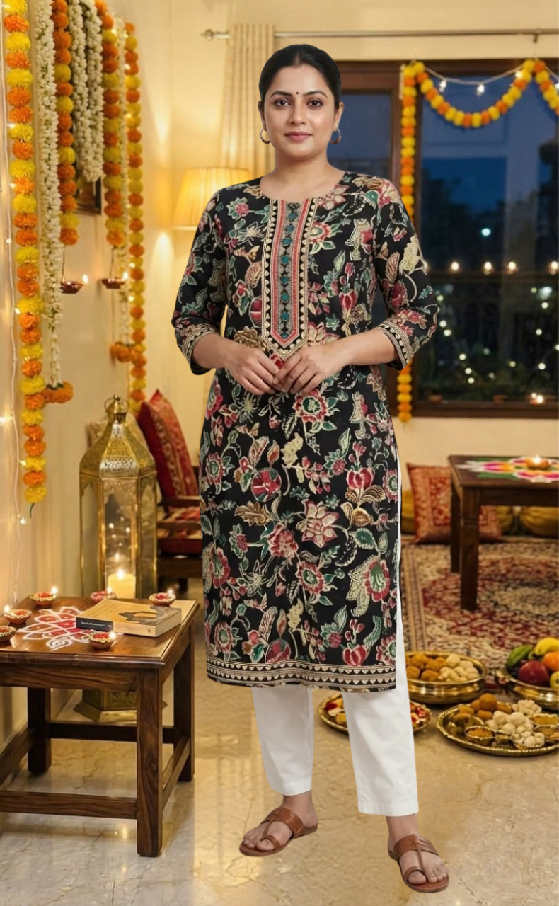Black Garden Jaipuri Cotton Kurti. Pure Versatile Cotton. | Laces and Frills - Laces and Frills