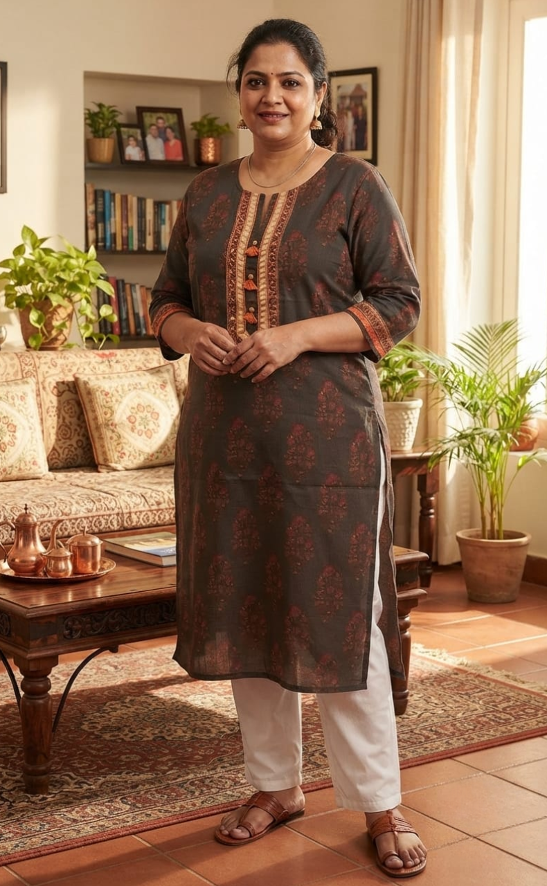 Brown and Orange Mughal Motif Jaipuri Cotton Kurti .Pure Versatile Cotton. | Laces and Frills