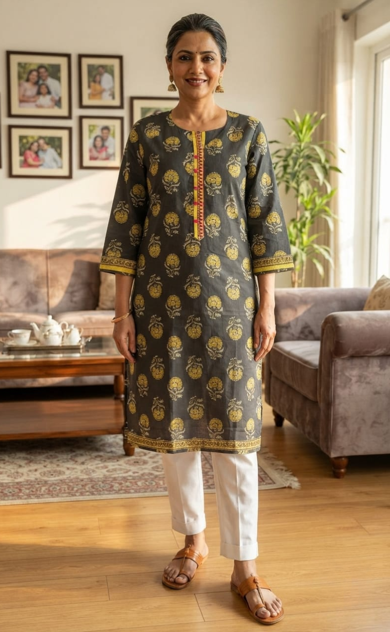 Ash Grey With Yellow Floral Motif Jaipuri Cotton Kurti.Pure Versatile Cotton. | Laces and Frills