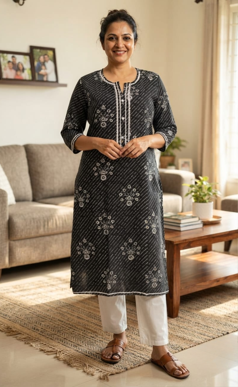 Black Bouquet Motif Jaipuri Cotton Kurti.Pure Versatile Cotton. | Laces and Frills
