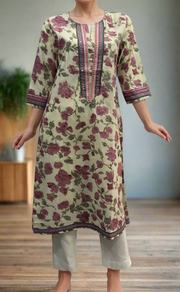 Off White/Pink Floral Cotton Kurti. Pure Versatile Cotton. | Laces and Frills - Laces and Frills