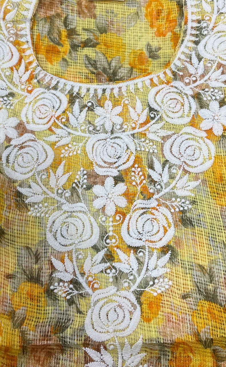 Yellow Chikankari Kurti. Kota Doria Fabric. | Laces and Frills - Laces and Frills