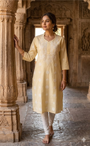 Yellow Machine Chikankari Kurti.  Versatile Cotton Fabric. | Laces and Frills - Laces and Frills