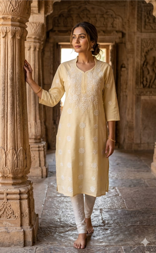 Yellow Machine Chikankari Kurti.  Versatile Cotton Fabric. | Laces and Frills - Laces and Frills