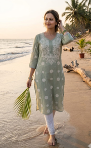 Green Machine Chikankari Kurti.  Versatile Cotton Fabric. | Laces and Frills - Laces and Frills