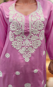 Baby Pink Machine Chikankari Kurti Set. Flowy Rayon Fabric. | Laces and Frills - Laces and Frills