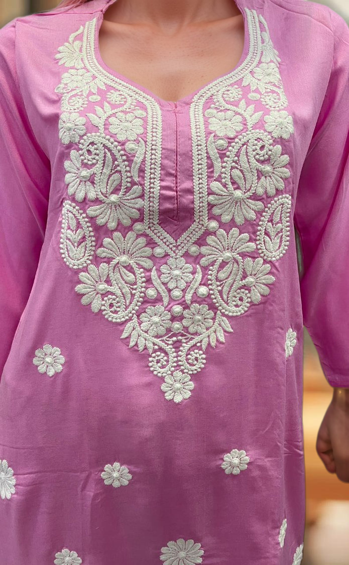 Baby Pink Machine Chikankari Kurti Set. Flowy Rayon Fabric. | Laces and Frills - Laces and Frills