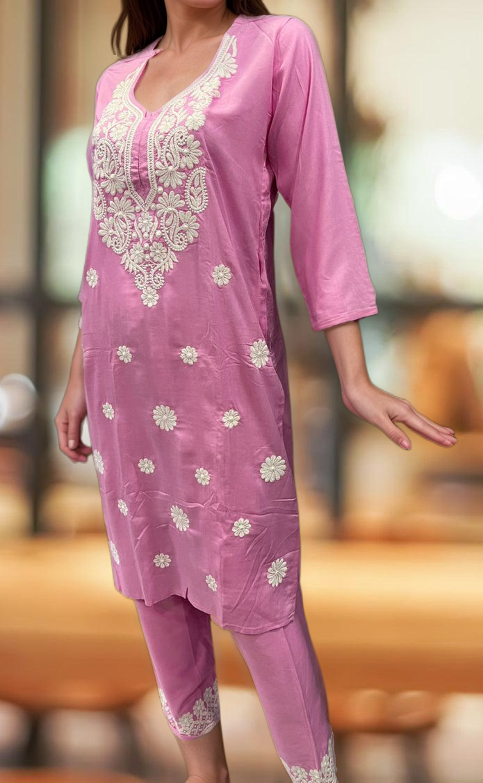 Baby Pink Machine Chikankari Kurti Set. Flowy Rayon Fabric. | Laces and Frills - Laces and Frills