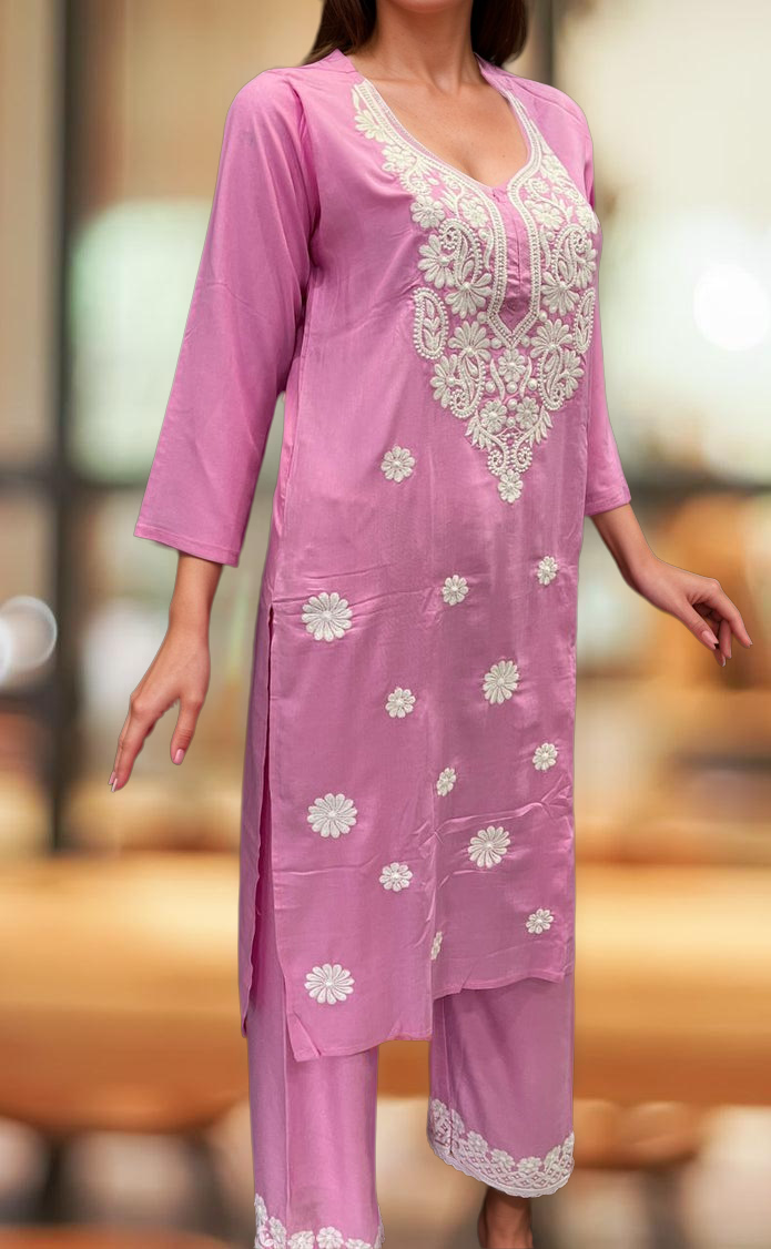 Baby Pink Machine Chikankari Kurti Set. Flowy Rayon Fabric. | Laces and Frills - Laces and Frills