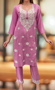 Baby Pink Machine Chikankari Kurti Set. Flowy Rayon Fabric. | Laces and Frills - Laces and Frills
