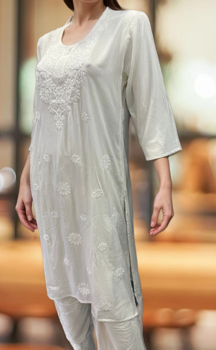 White Machine Chikankari Kurti Set. Flowy Rayon Fabric. | Laces and Frills - Laces and Frills