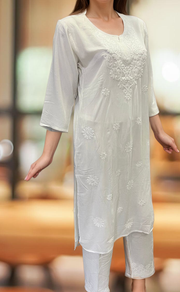 White Machine Chikankari Kurti Set. Flowy Rayon Fabric. | Laces and Frills - Laces and Frills