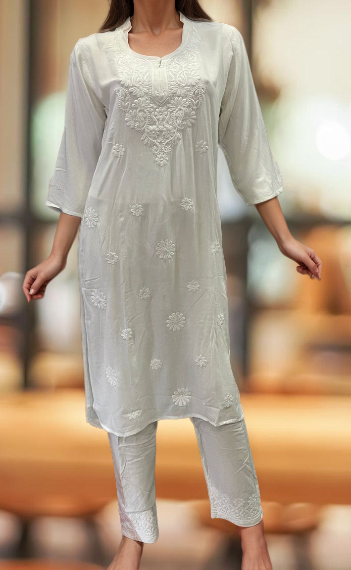 White Machine Chikankari Kurti Set. Flowy Rayon Fabric. | Laces and Frills - Laces and Frills