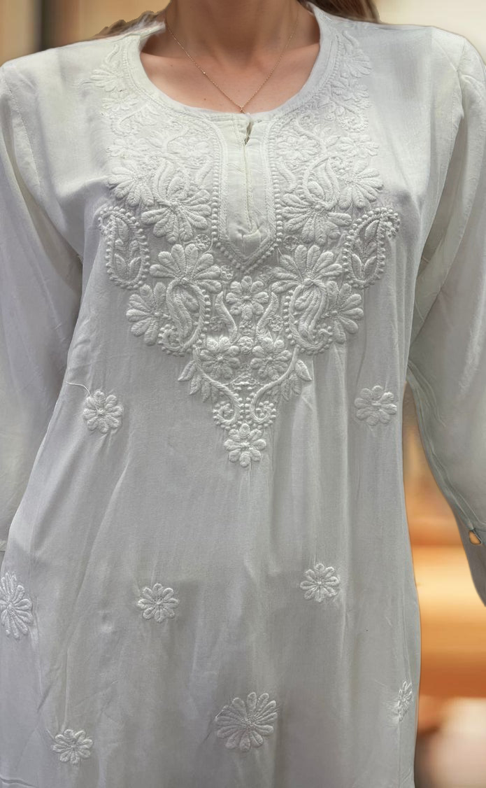 White Machine Chikankari Kurti Set. Flowy Rayon Fabric. | Laces and Frills - Laces and Frills