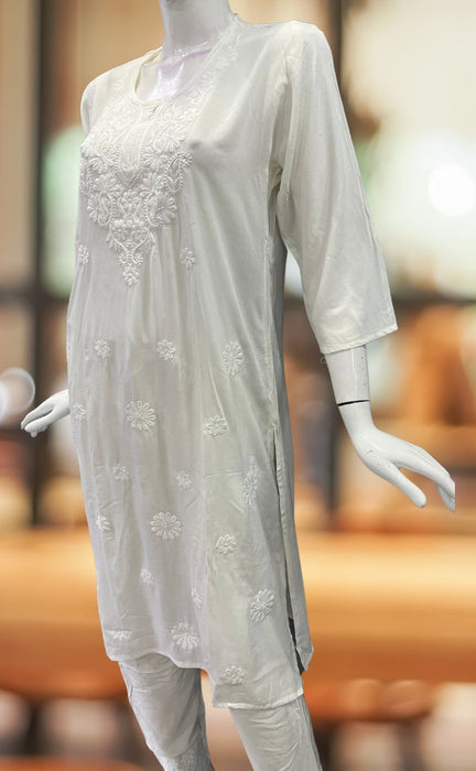 White Machine Chikankari Kurti Set. Flowy Rayon Fabric. | Laces and Frills - Laces and Frills