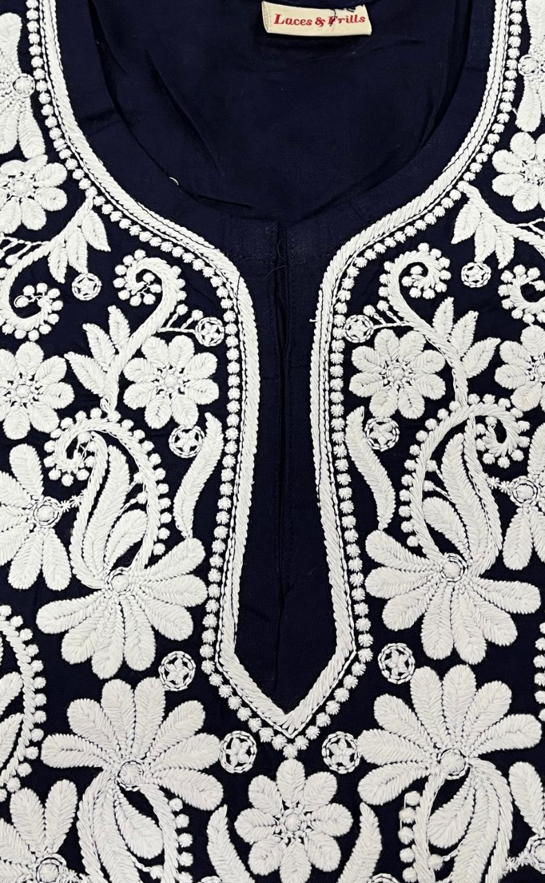 Navy Blue Machine Chikankari Kurti Set. Flowy Rayon Fabric. | Laces and Frills - Laces and Frills