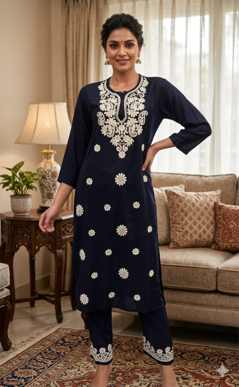 Navy Blue Machine Chikankari Kurti Set. Flowy Rayon Fabric. | Laces and Frills - Laces and Frills