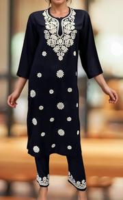 Navy Blue Machine Chikankari Kurti Set. Flowy Rayon Fabric. | Laces and Frills - Laces and Frills