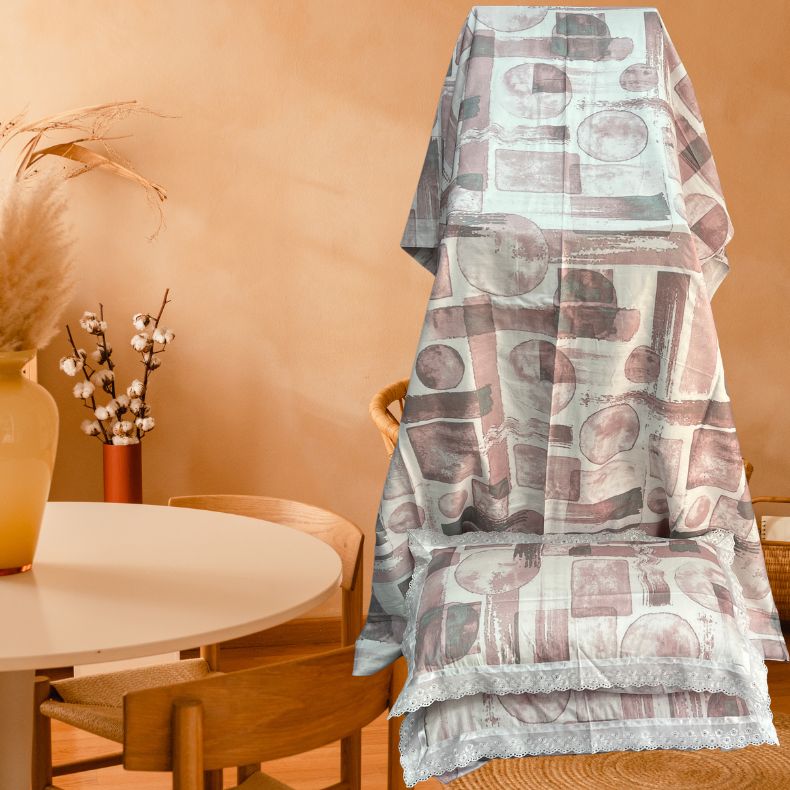 White/Pink Geometric White Lace Double Bedsheet with Lace Pillow Covers/108" x 108" - Laces and Frills