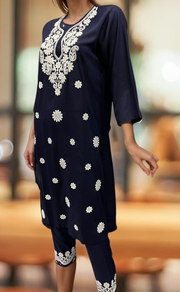 Navy Blue Machine Chikankari Kurti Set. Flowy Rayon Fabric. | Laces and Frills - Laces and Frills