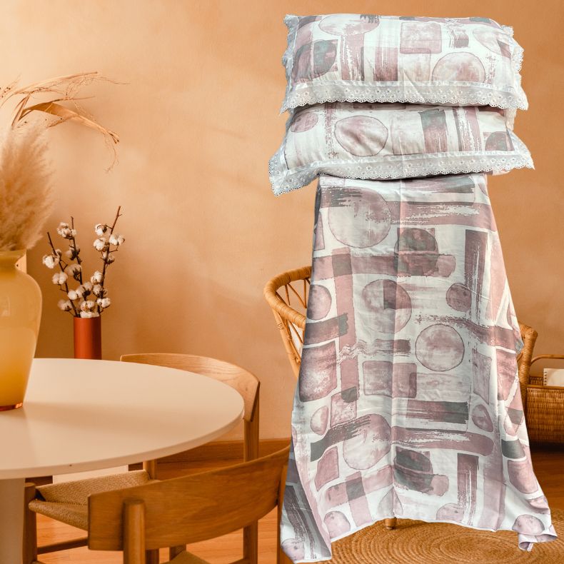 White/Pink Geometric White Lace Double Bedsheet with Lace Pillow Covers/108" x 108" - Laces and Frills