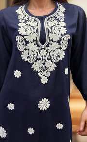 Navy Blue Machine Chikankari Kurti Set. Flowy Rayon Fabric. | Laces and Frills - Laces and Frills