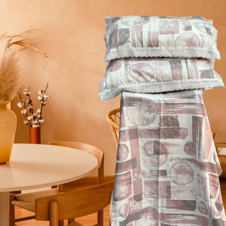 White/Pink Geometric White Lace Double Bedsheet with Lace Pillow Covers/108" x 108" - Laces and Frills