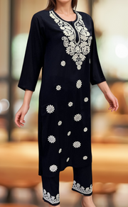 Navy Blue Machine Chikankari Kurti Set. Flowy Rayon Fabric. | Laces and Frills - Laces and Frills