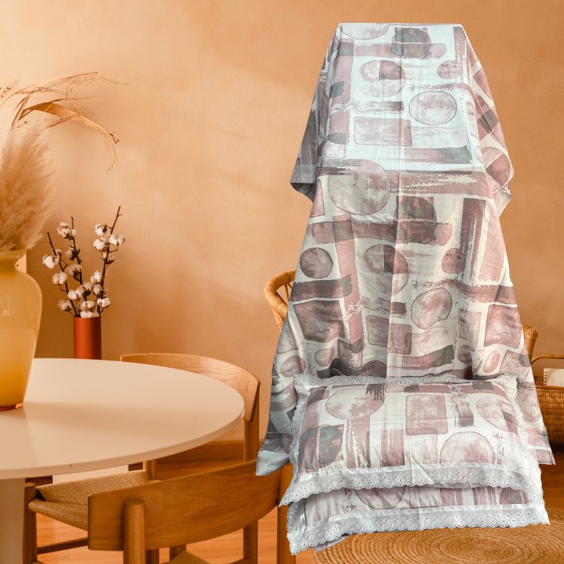 White/Pink Geometric White Lace Double Bedsheet with Lace Pillow Covers/108" x 108" - Laces and Frills