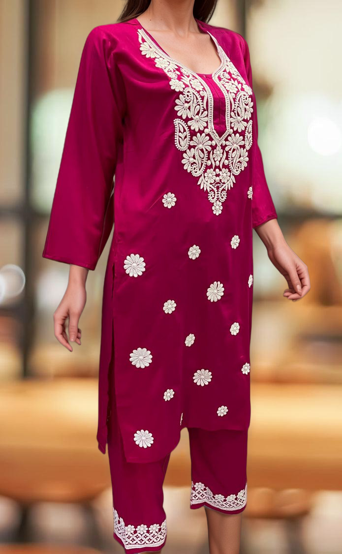 Rani Pink Machine Chikankari Kurti Set. Flowy Rayon Fabric. | Laces and Frills - Laces and Frills