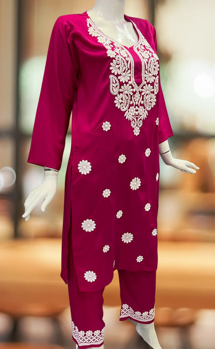 Rani Pink Machine Chikankari Kurti Set. Flowy Rayon Fabric. | Laces and Frills - Laces and Frills