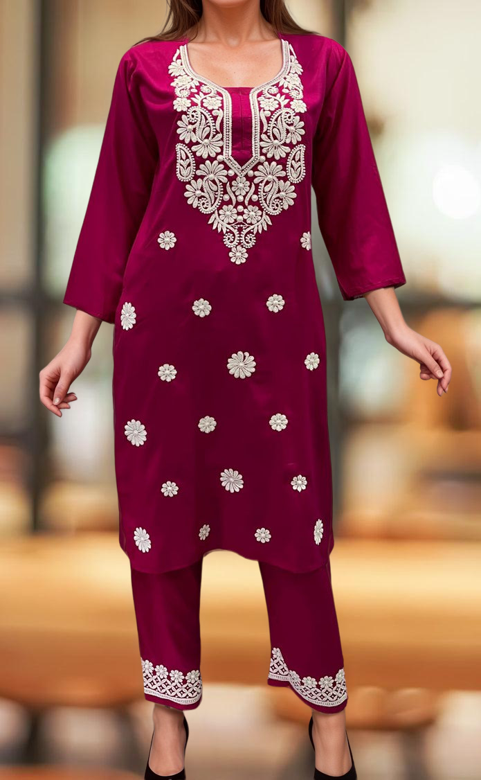 Rani Pink Machine Chikankari Kurti Set. Flowy Rayon Fabric. | Laces and Frills - Laces and Frills