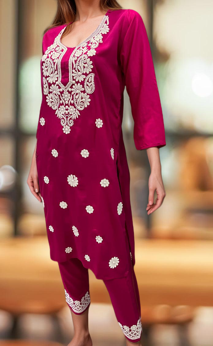 Rani Pink Machine Chikankari Kurti Set. Flowy Rayon Fabric. | Laces and Frills - Laces and Frills