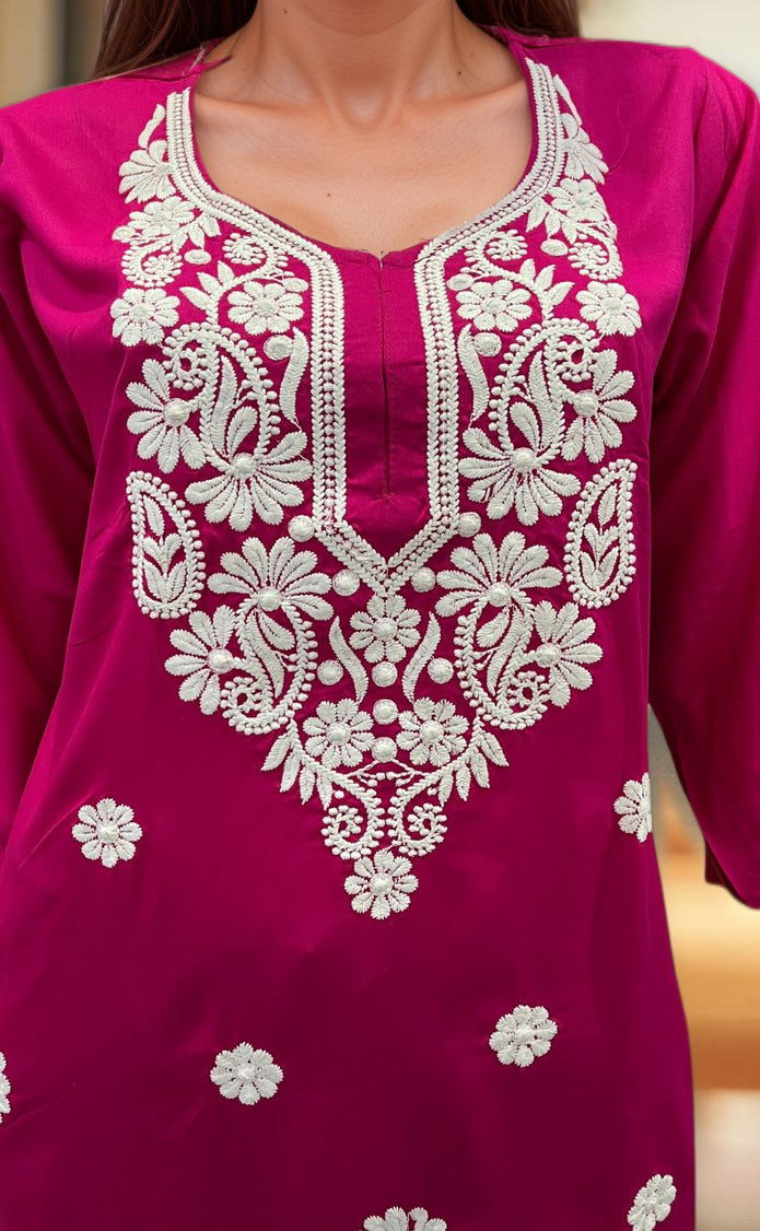 Rani Pink Machine Chikankari Kurti Set. Flowy Rayon Fabric. | Laces and Frills - Laces and Frills
