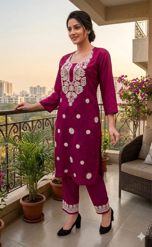 Rani Pink Machine Chikankari Kurti Set. Flowy Rayon Fabric. | Laces and Frills - Laces and Frills
