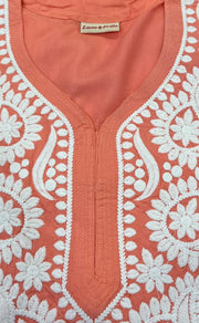 Peach Chikankari Kurti. Flowy Rayon Fabric. | Laces and Frills - Laces and Frills