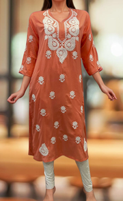 Peach Chikankari Kurti. Flowy Rayon Fabric. | Laces and Frills - Laces and Frills