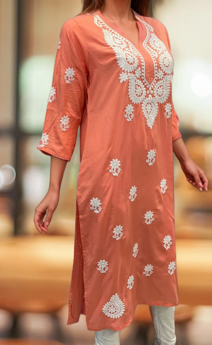 Peach Chikankari Kurti. Flowy Rayon Fabric. | Laces and Frills - Laces and Frills