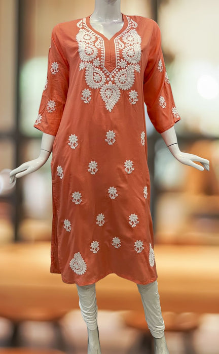 Peach Chikankari Kurti. Flowy Rayon Fabric. | Laces and Frills - Laces and Frills