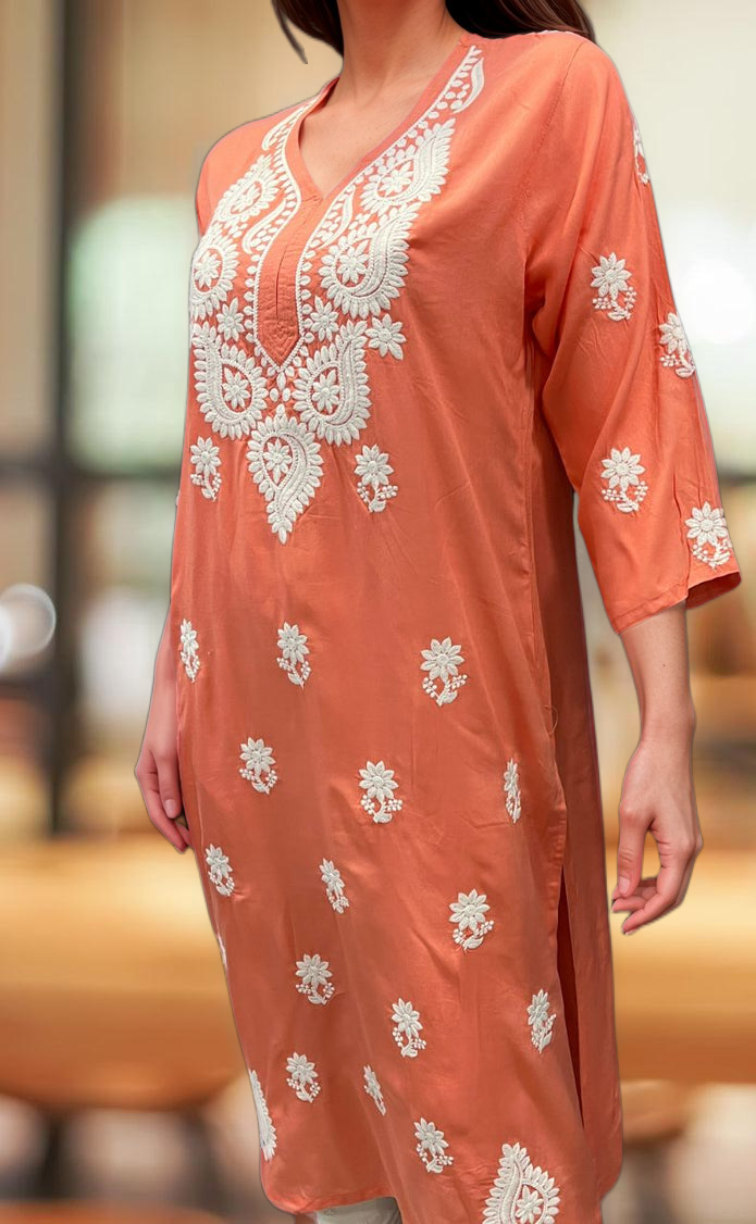 Peach Chikankari Kurti. Flowy Rayon Fabric. | Laces and Frills - Laces and Frills