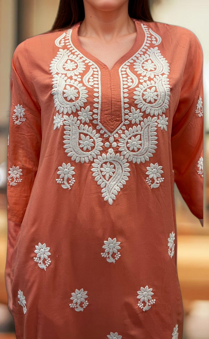 Peach Chikankari Kurti. Flowy Rayon Fabric. | Laces and Frills - Laces and Frills