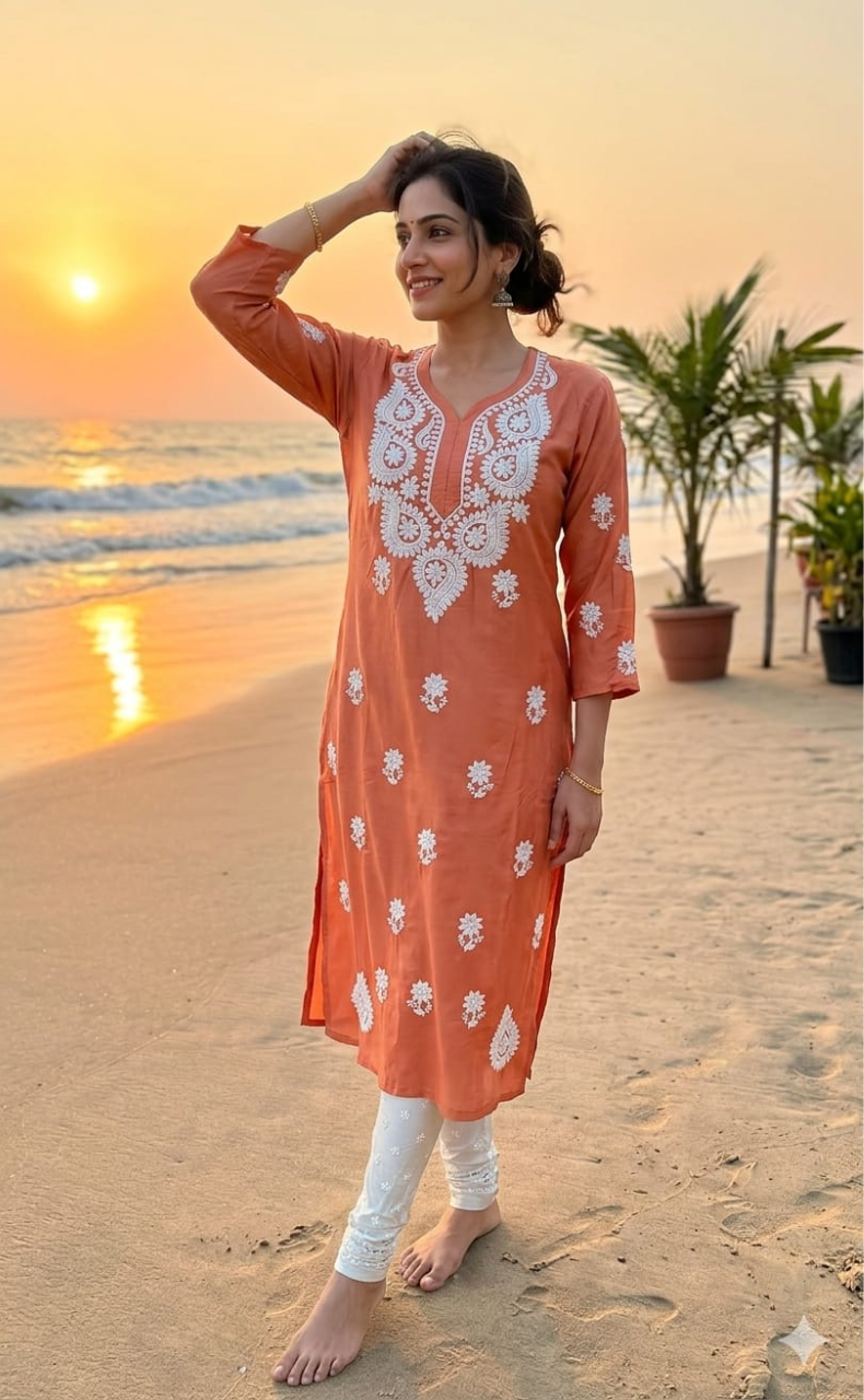 Peach Chikankari Kurti. Flowy Rayon Fabric. | Laces and Frills - Laces and Frills